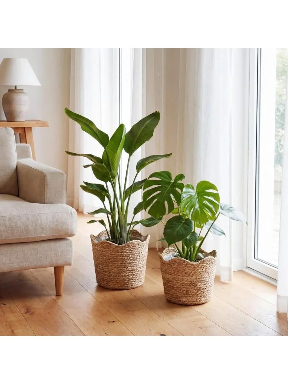4 Large Seagrass Planter Baskets with Plastic Lining - Woven Storage Bins for
